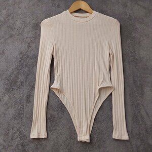 SHEIN Ribbed Long Sleeve Bodysuit Cream Beige Size S